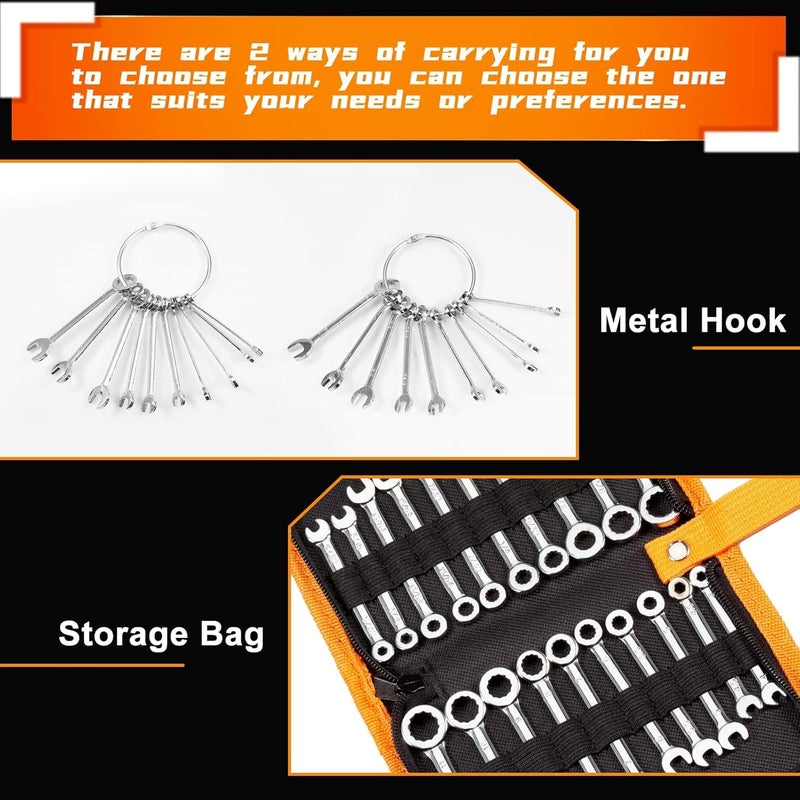 LEONTOOL Mini Wrench Set Metric and SAE 20 Pcs Ignition Wrenches 4-11mm & 5/32" to 7/16" Open End Box End Wrench Set with Key Ring, Combination Wrench Sets with Zipper Bag - Image 5